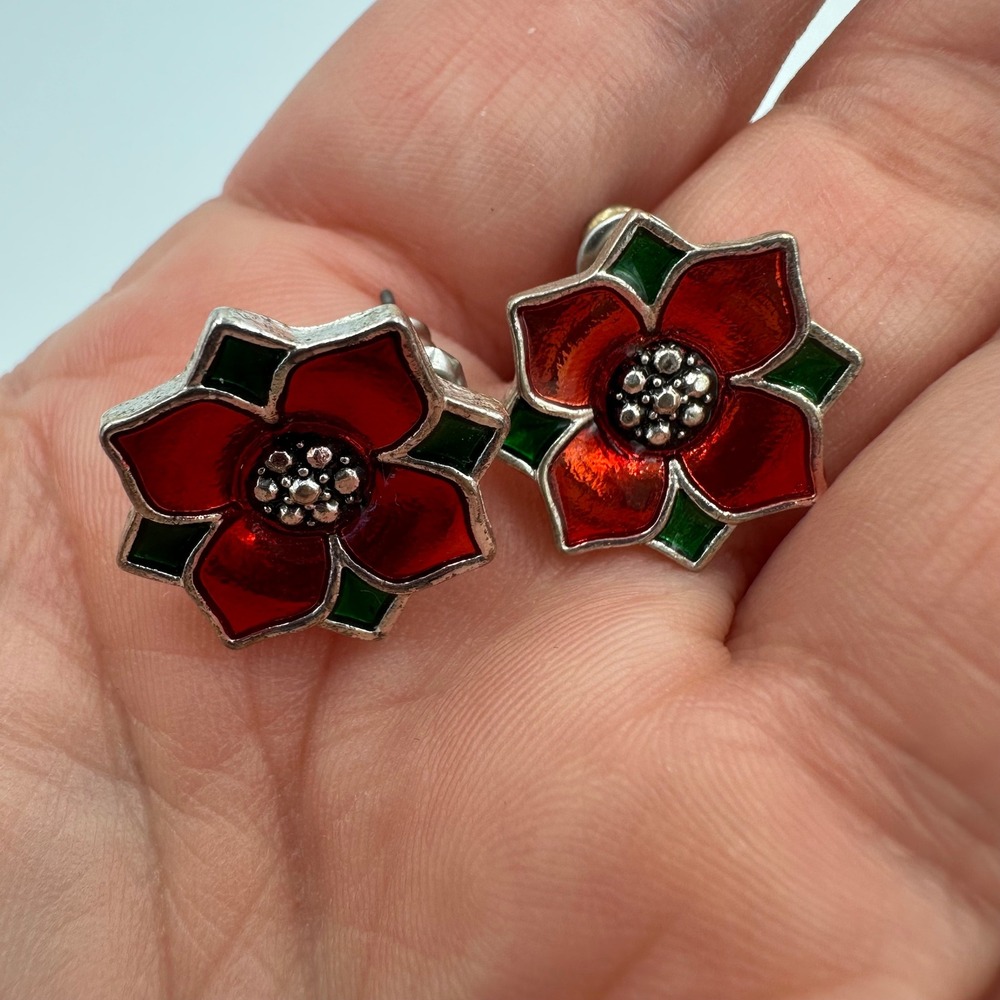 VTG Kenneth Cole Poinsettia Enamel post Earrings Red Green Signed KC Christmas - Picture 1 of 6